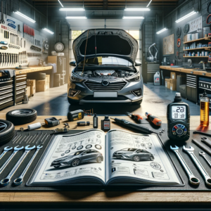DALL·E 2023 11 01 09.58.13 This photo captures a comprehensive guide on maintaining a car in top condition. In the foreground there is a well organized workbench with various c