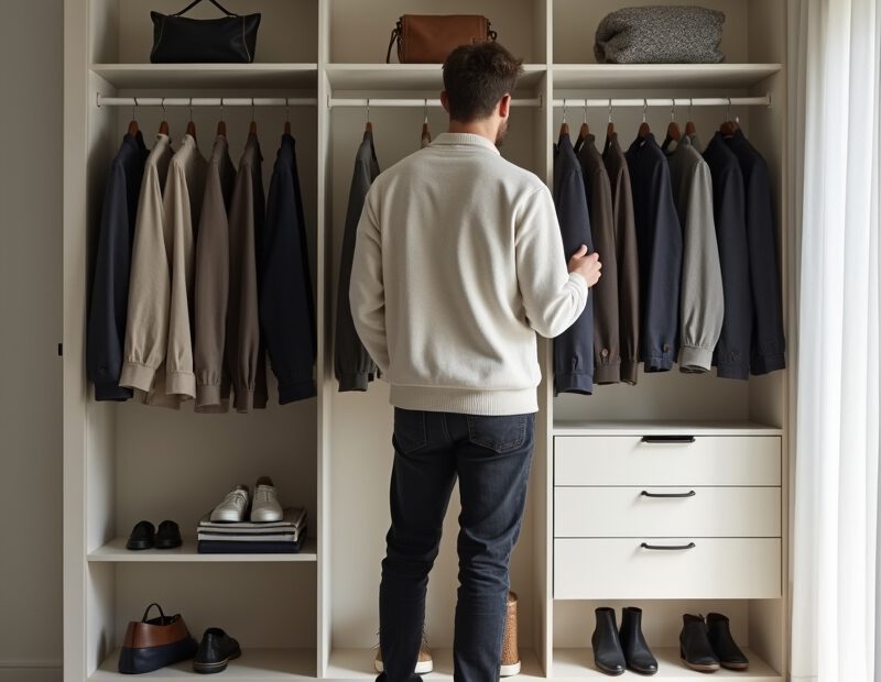 Man som planerar en stilren kapselgarderob med basplagg på klädställning
