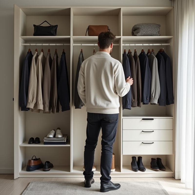 Man som planerar en stilren kapselgarderob med basplagg på klädställning