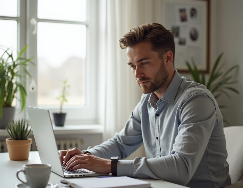 Man uppdaterar sitt CV på laptop vid skrivbord hemma