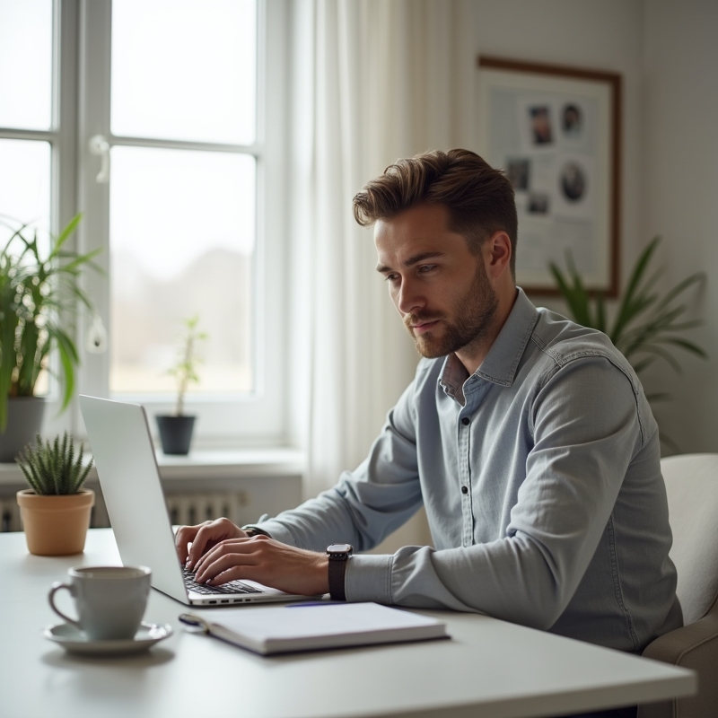 Karriär & Produktivitet 2 Man uppdaterar sitt CV på laptop vid skrivbord hemma