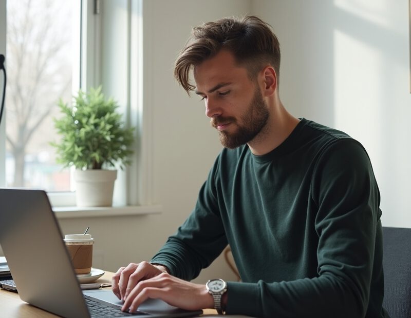 Man arbetar fokuserat med CV på laptop vid modernt skrivbord