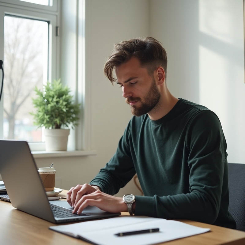 Karriär & Produktivitet 1 Man arbetar fokuserat med CV på laptop vid modernt skrivbord