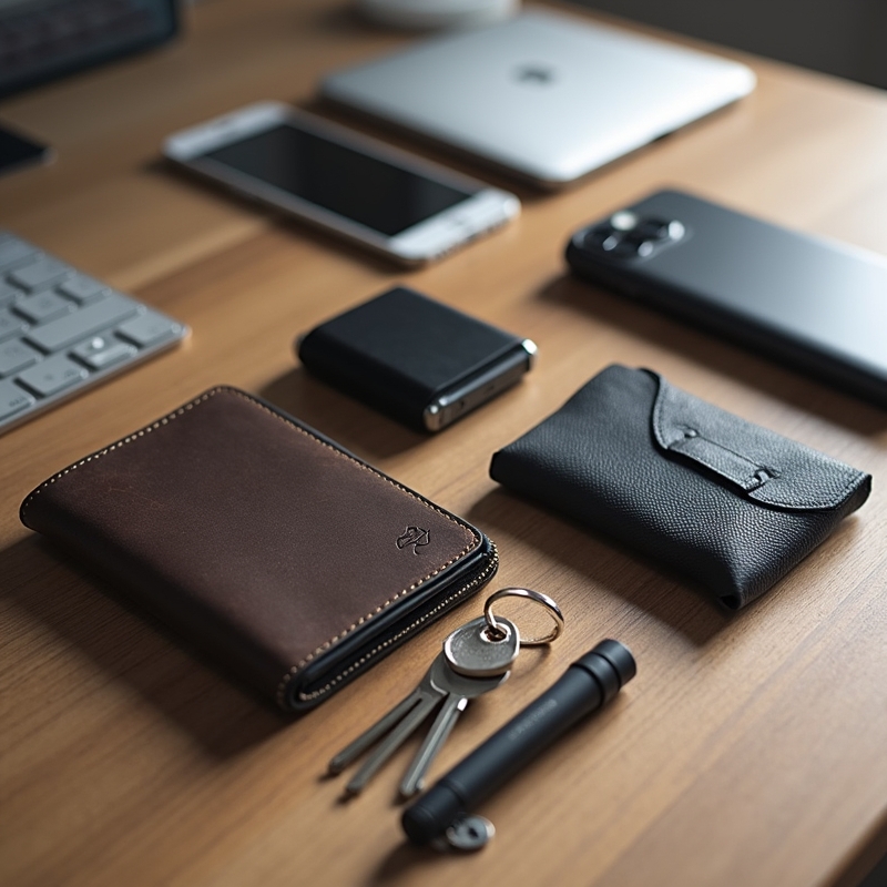 Prylar & Köpguider 3 EDC-prylar för män organiserade på bord med plånbok, nycklar och penna