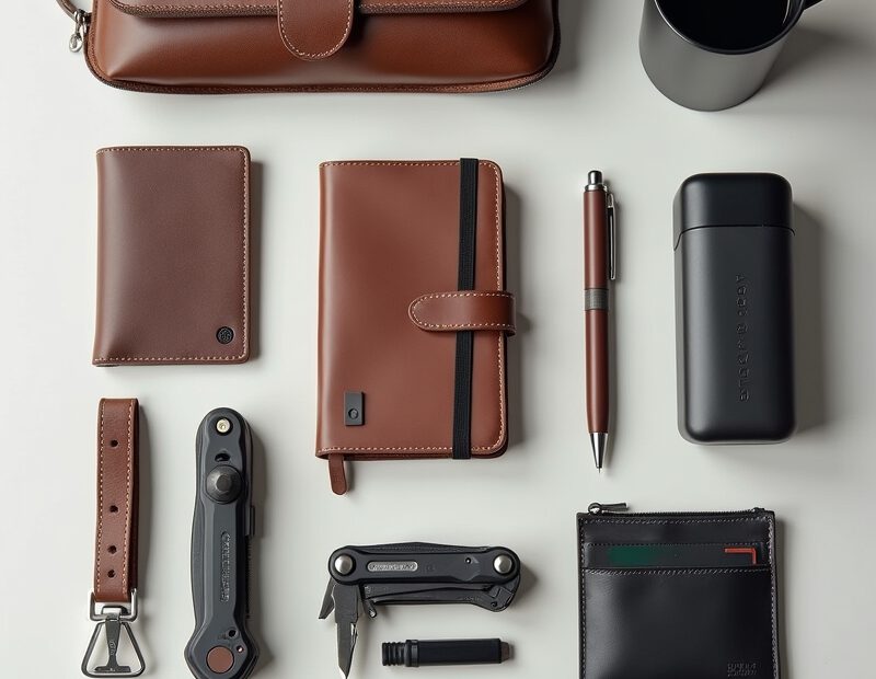 EDC-prylar för män i budget och premium på ett skrivbord