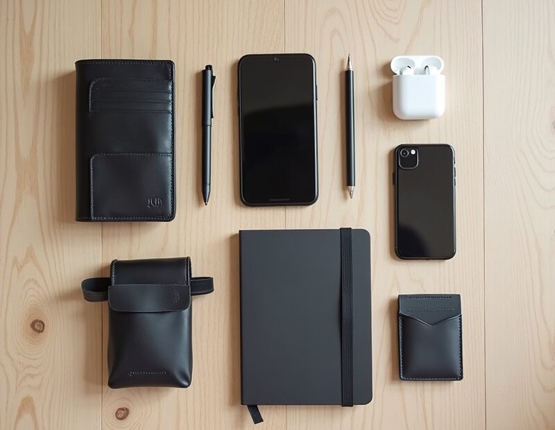 Stilrena EDC-prylar för män på bord med organiserad ficklayout