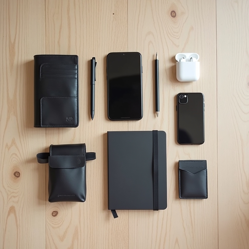 Prylar & Köpguider 1 Stilrena EDC-prylar för män på bord med organiserad ficklayout