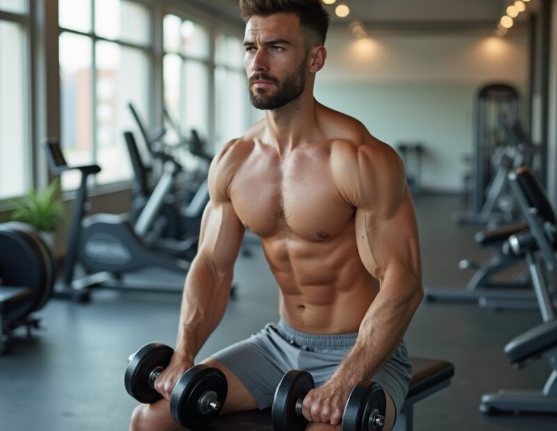 Man tränar med hantlar i ljust gym med fokus på teknik