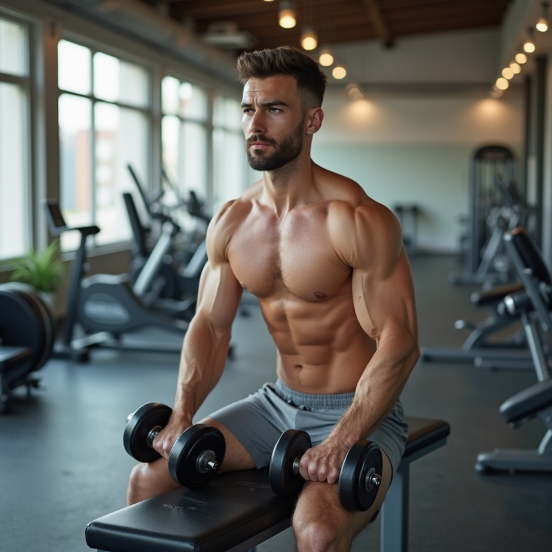 Man tränar med hantlar i ljust gym med fokus på teknik