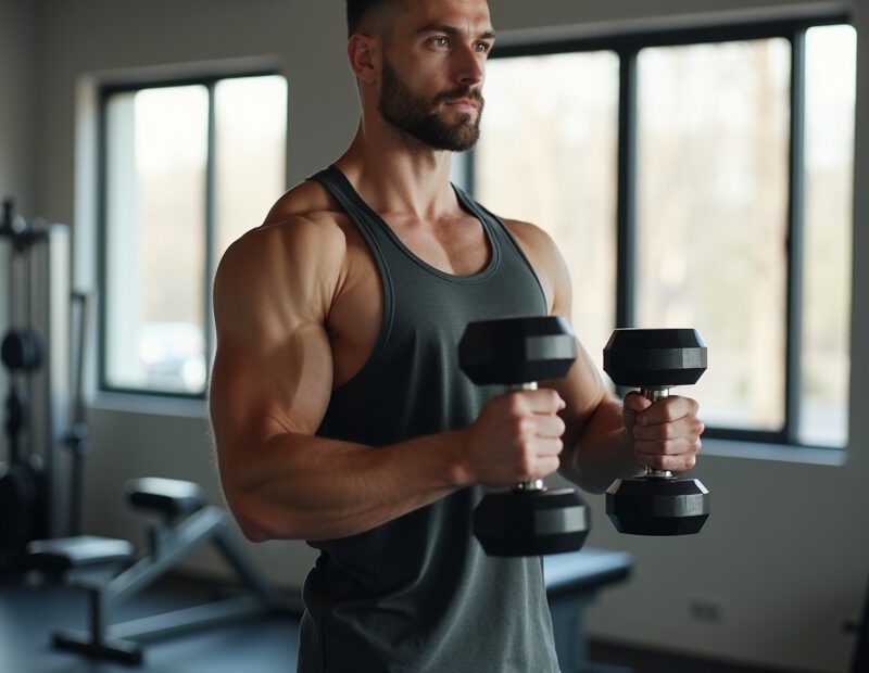 Manlig nybörjare tränar med hantlar på ett ljust modernt gym