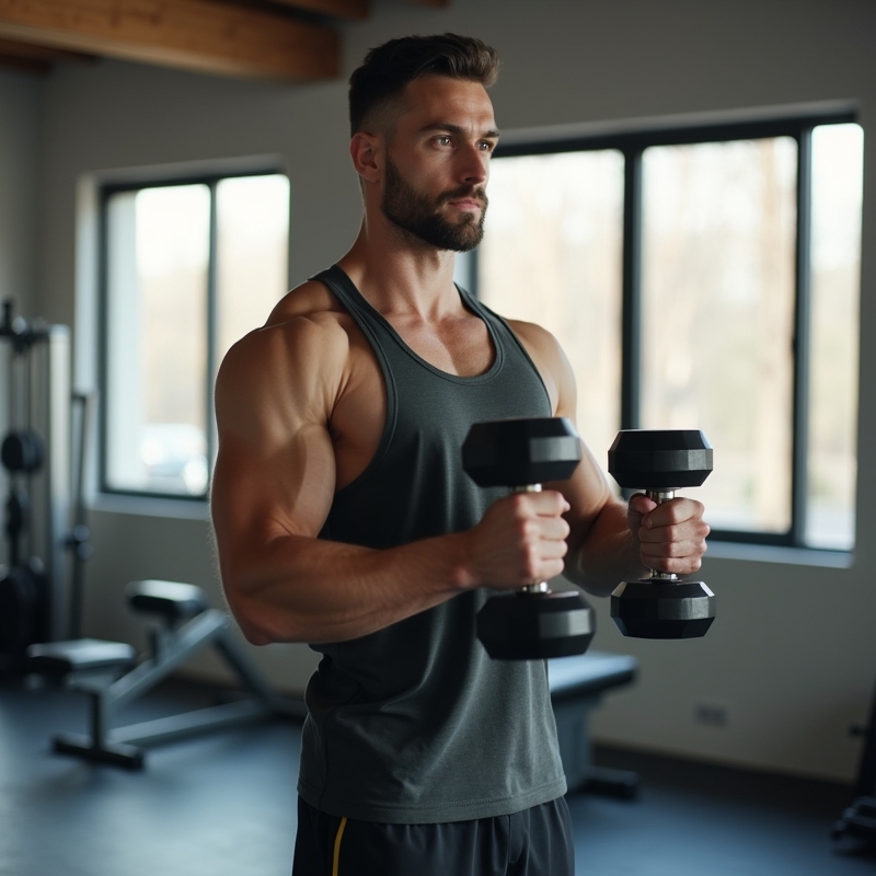 Manlig nybörjare tränar med hantlar på ett ljust modernt gym