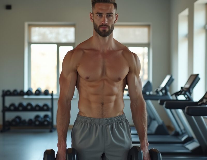 Man gör enkel styrketräning med hantlar i modernt gym