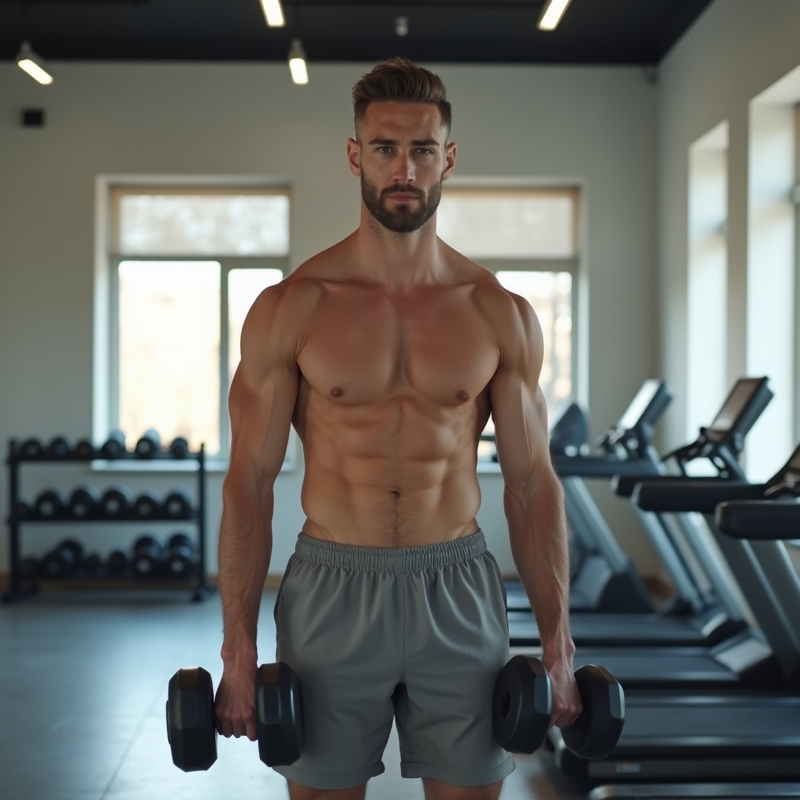 Man gör enkel styrketräning med hantlar i modernt gym