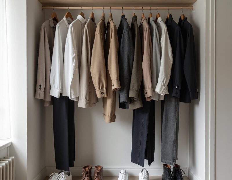 Stilren kapselgarderob för män med plagg för alla årstider