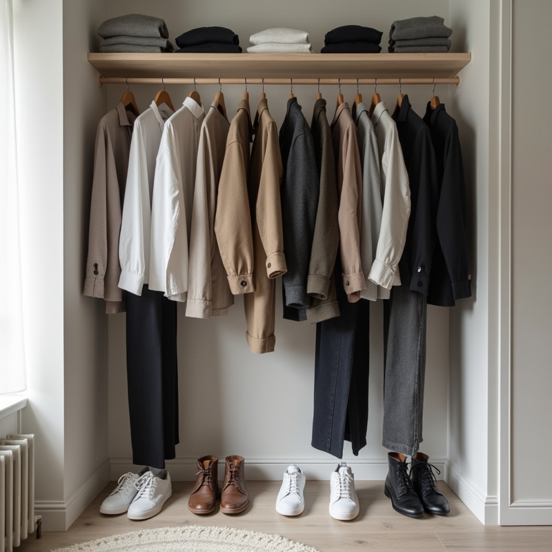Stilren kapselgarderob för män med plagg för alla årstider