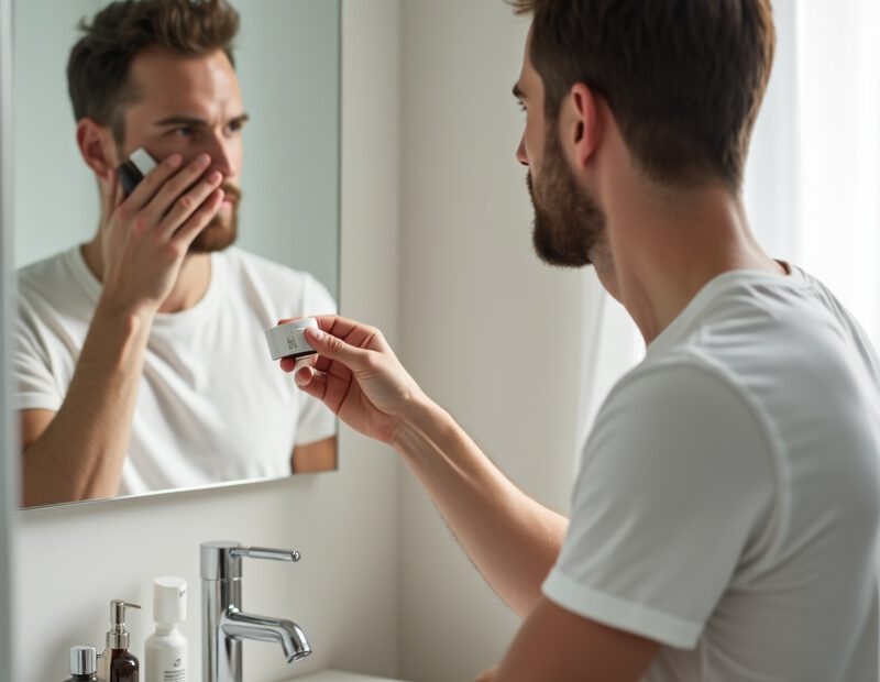 Man i badrum som följer en enkel hudvårdsrutin framför spegeln
