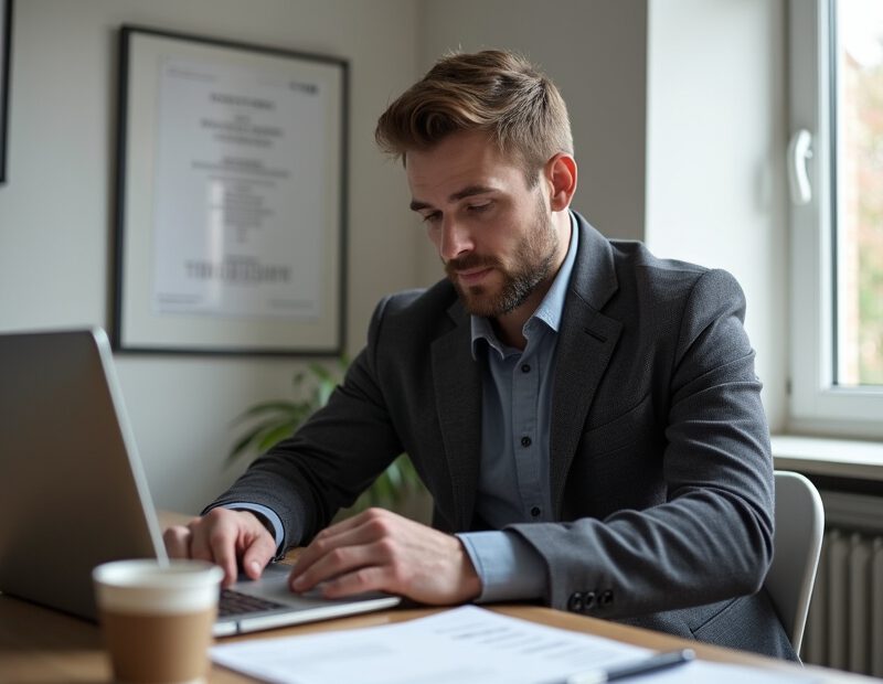Man går igenom sitt CV vid ett skrivbord med laptop