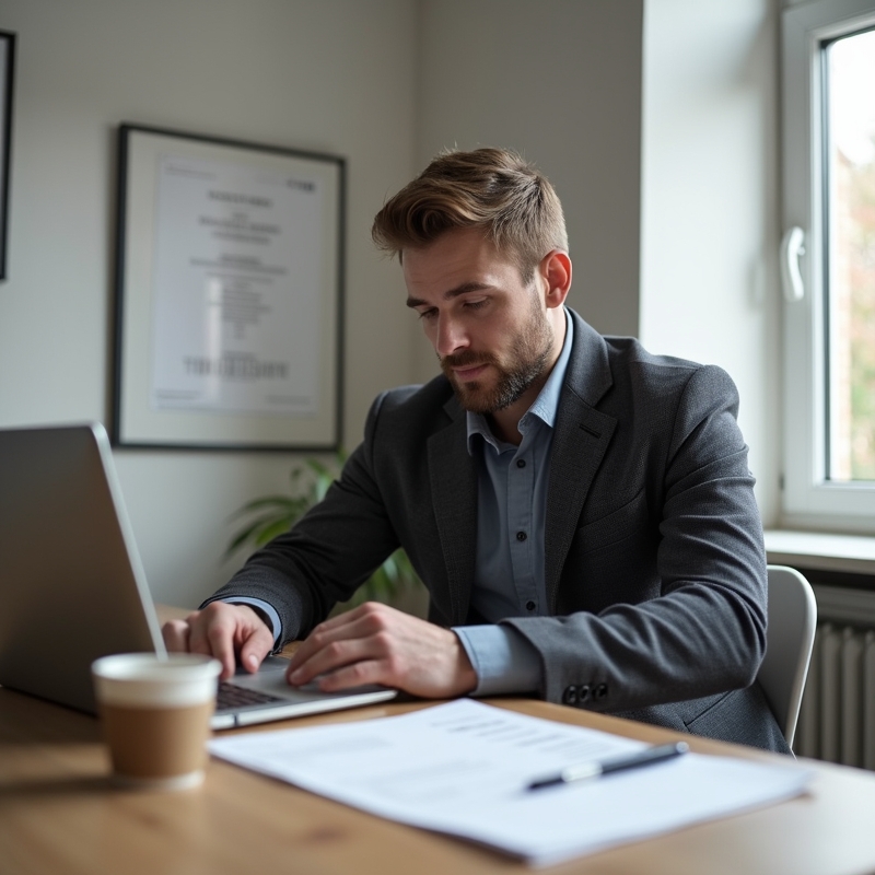 Man går igenom sitt CV vid ett skrivbord med laptop