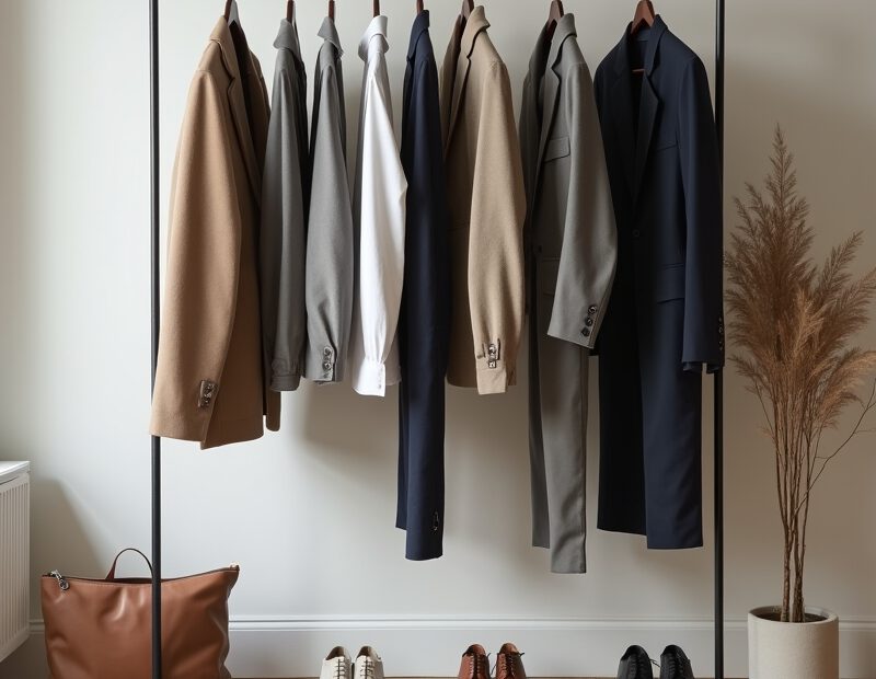 Herrkläder i kapselgarderob med budget- och premiumplagg på klädstång