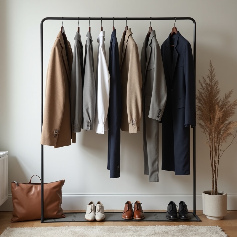 Herrkläder i kapselgarderob med budget- och premiumplagg på klädstång