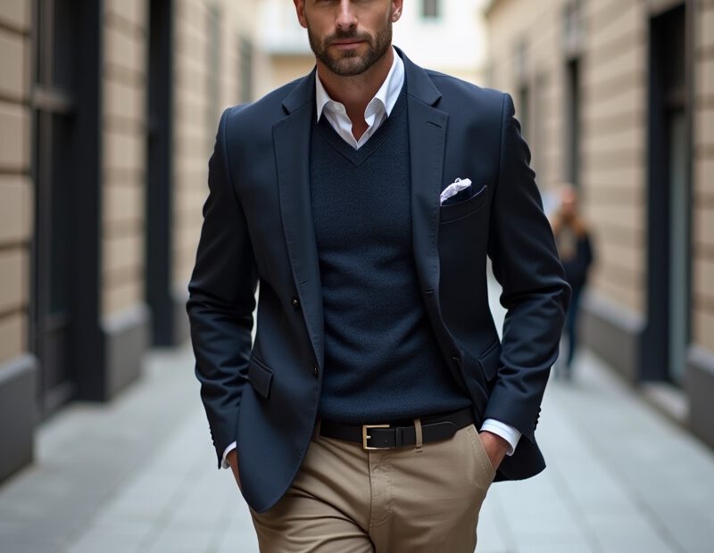 Smart casual för män – komplett guide till rätt stil 1 Man i smart casual outfit med kavaj, stickat och chinos
