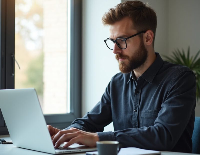 Man uppdaterar sin LinkedIn-profil på laptop vid skrivbord