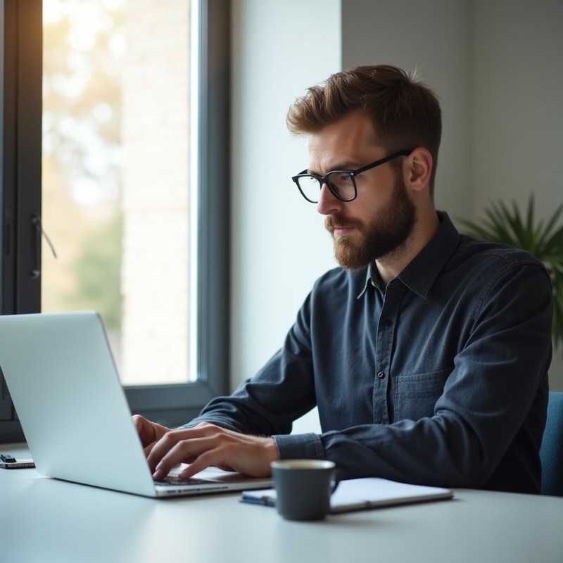 Man uppdaterar sin LinkedIn-profil på laptop vid skrivbord