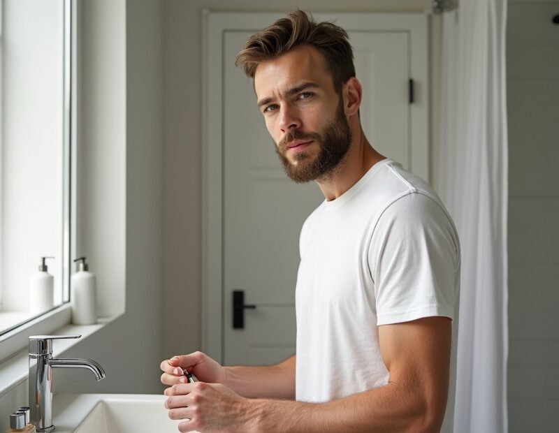 Oljig hud för män – komplett guide till rätt rutin 1 Man med glansig hud står i badrum och gör hudvårdsrutin