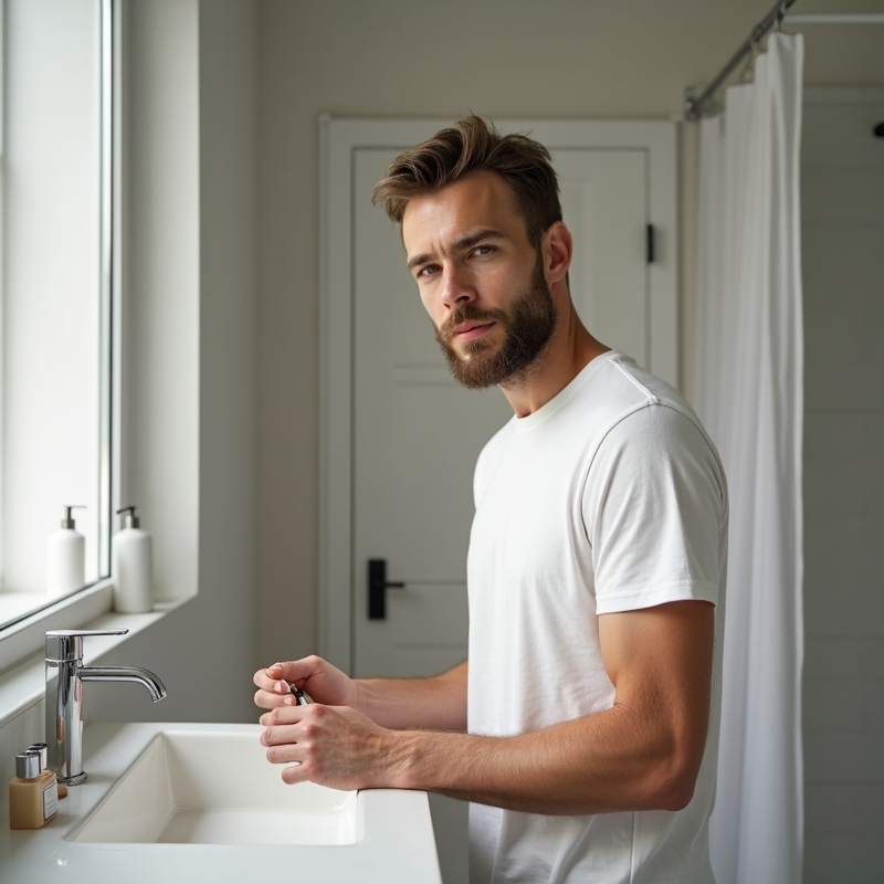 Man med glansig hud står i badrum och gör hudvårdsrutin