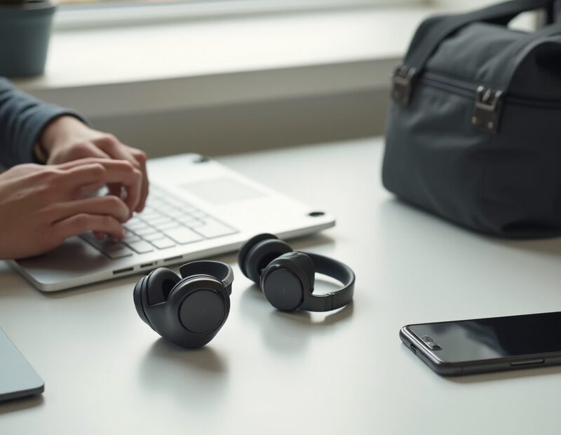 Moderna hörlurar på skrivbord bredvid mobil och träningsväska