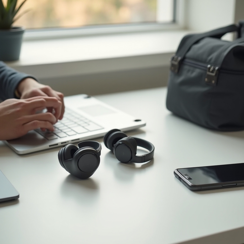 Moderna hörlurar på skrivbord bredvid mobil och träningsväska