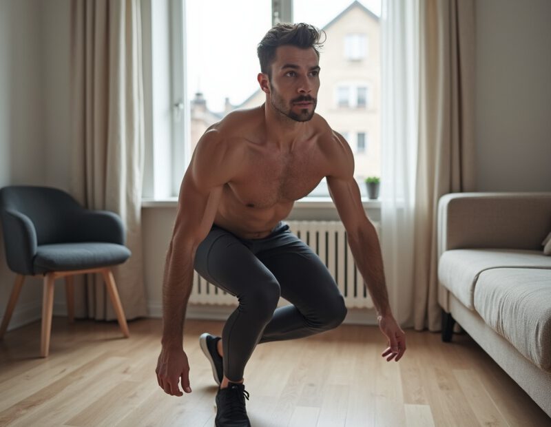 Hemmaträning utan redskap – komplett guide för män 1 Man tränar hemma utan redskap i ett litet vardagsrum