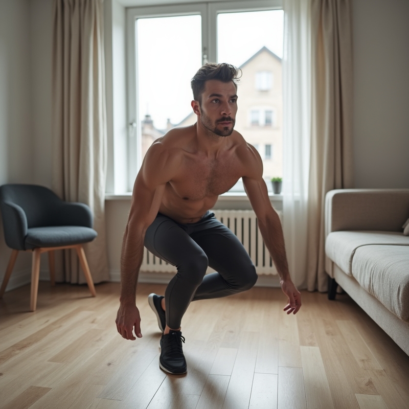 Man tränar hemma utan redskap i ett litet vardagsrum