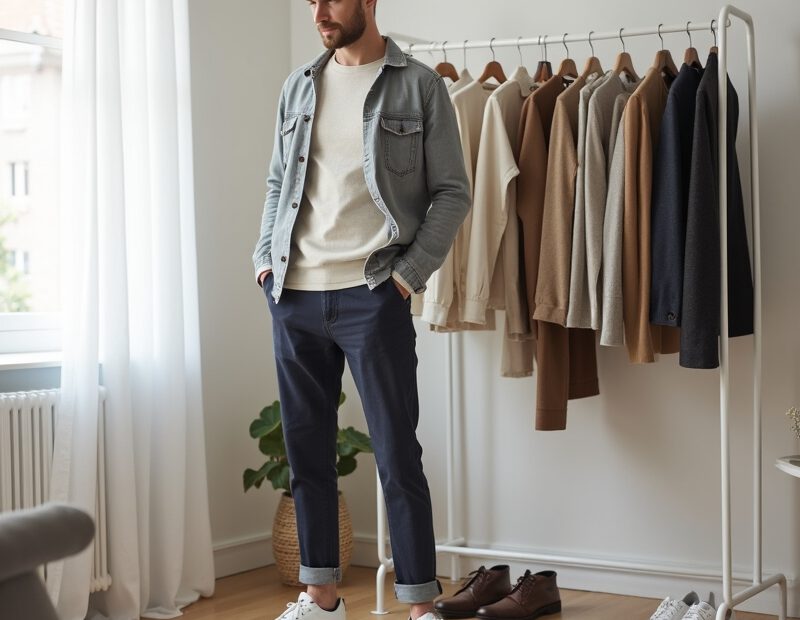 Man i stilren kapselgarderob med välbalanserad outfit i modern miljö