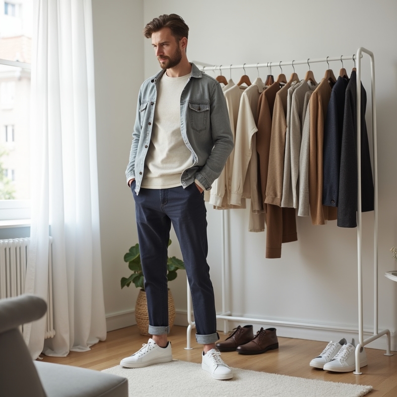 Man i stilren kapselgarderob med välbalanserad outfit i modern miljö