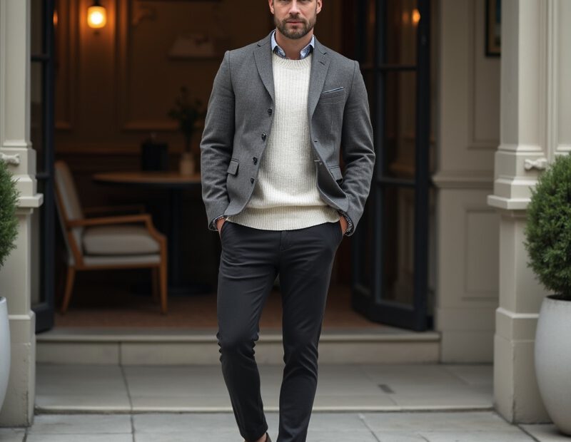 Man i smart casual-outfit på väg från kontor till middag