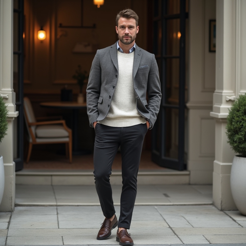 Man i smart casual-outfit på väg från kontor till middag