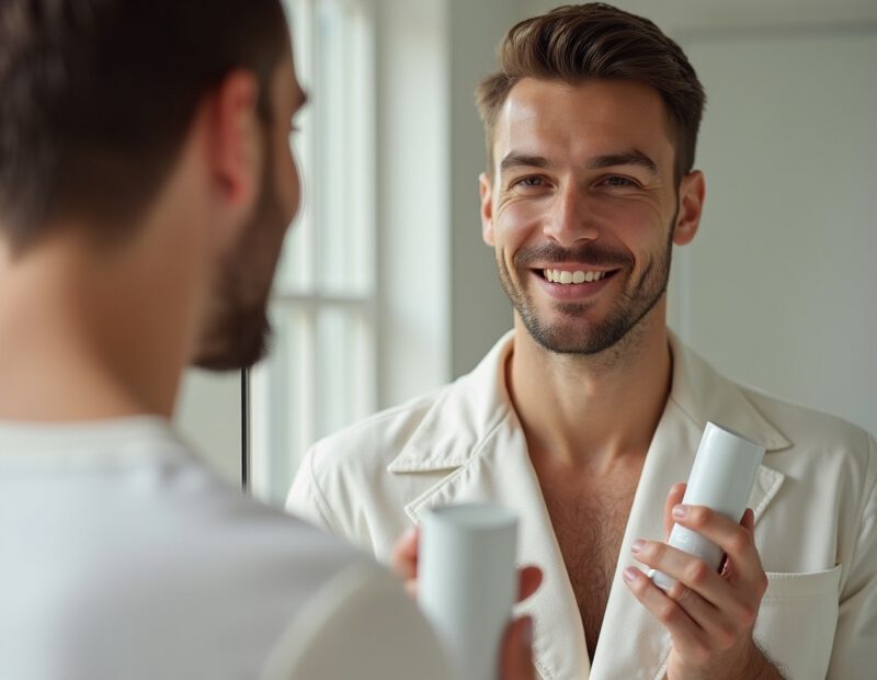 Man med glansig hud tittar i badrumsspegel med hudvårdsprodukter