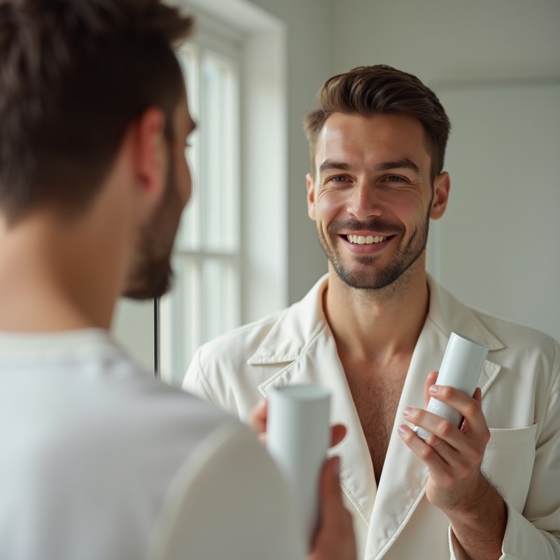 Man med glansig hud tittar i badrumsspegel med hudvårdsprodukter