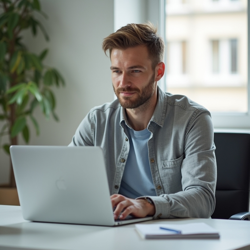 Man uppdaterar sin LinkedIn-profil på laptop vid skrivbord