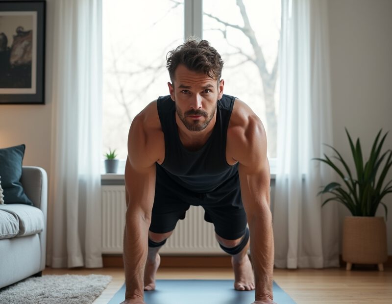 Man tränar kroppsviktsövningar hemma i litet vardagsrum