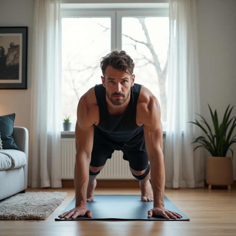 Man tränar kroppsviktsövningar hemma i litet vardagsrum