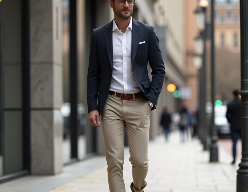 Man i smart casual-look på väg från kontor till middag