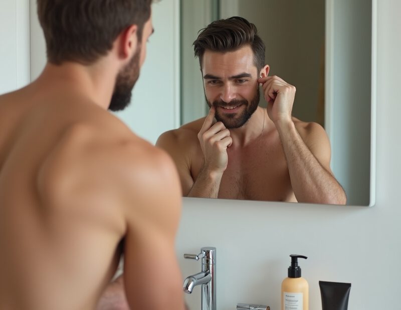 Man med oljig hud gör enkel hudvårdsrutin i badrum
