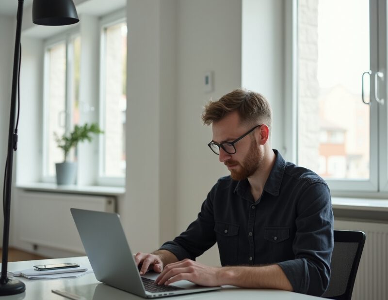 LinkedIn-profil strategi för synlighet och rekryterare 1 Man uppdaterar sin LinkedIn-profil vid laptop på modernt kontor