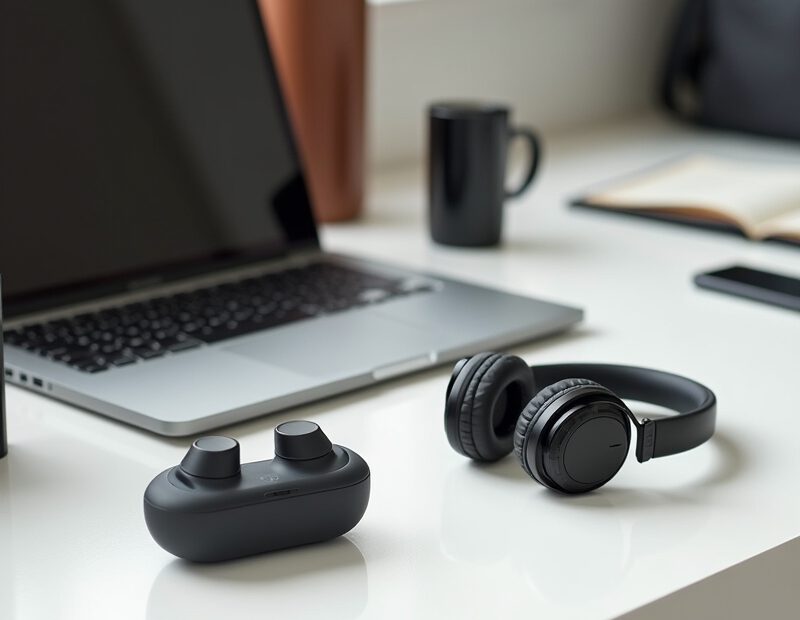 Hörlurar för män: budget vs premium – rätt val 1 Man med trådlösa hörlurar under pendling och arbete på café