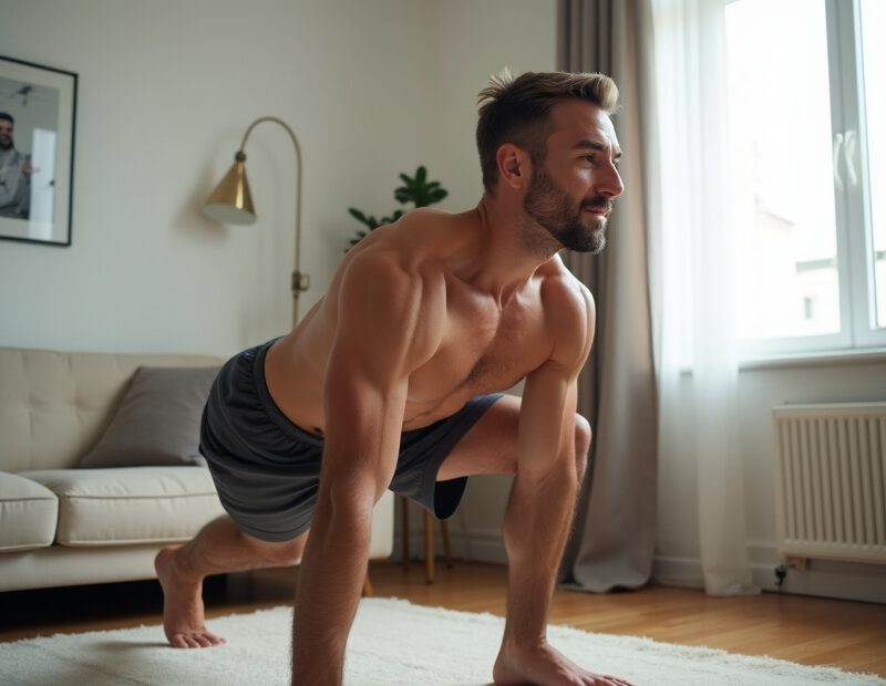 Hemmaträning utan redskap: plan för små utrymmen 1 Man tränar hemma på liten yta med kroppsviktsövningar