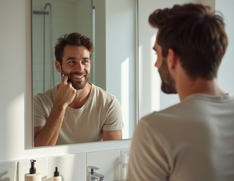 Man gör enkel hudvårdsrutin framför badrumsspegel med hudvårdsprodukter