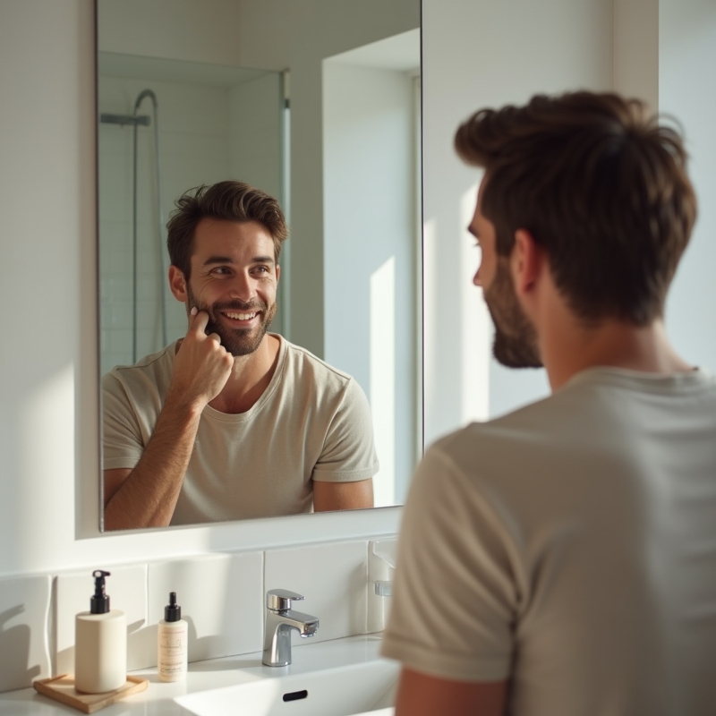 Man gör enkel hudvårdsrutin framför badrumsspegel med hudvårdsprodukter