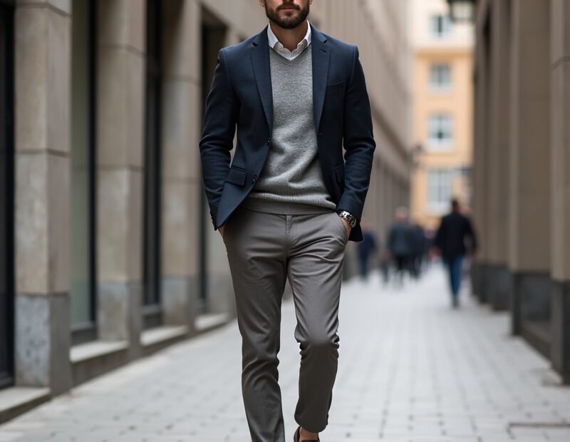 Smart casual för män: rätt passform och styling 1 Man i smart casual outfit med kavaj, chinos och loafers